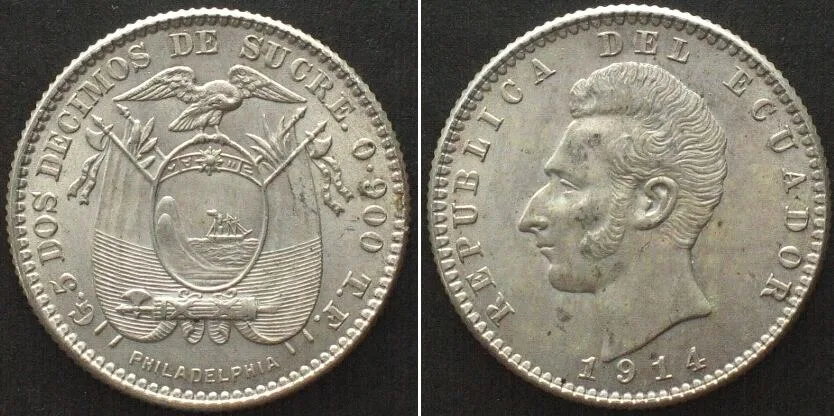1914 ECUADOR. 2 Decimos 1914 TF PHILADELPHIA, silver UNC/BU!!!