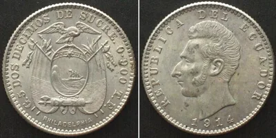 1914 ECUADOR. 2 Decimos 1914 TF PHILADELPHIA, silver UNC/BU!!!