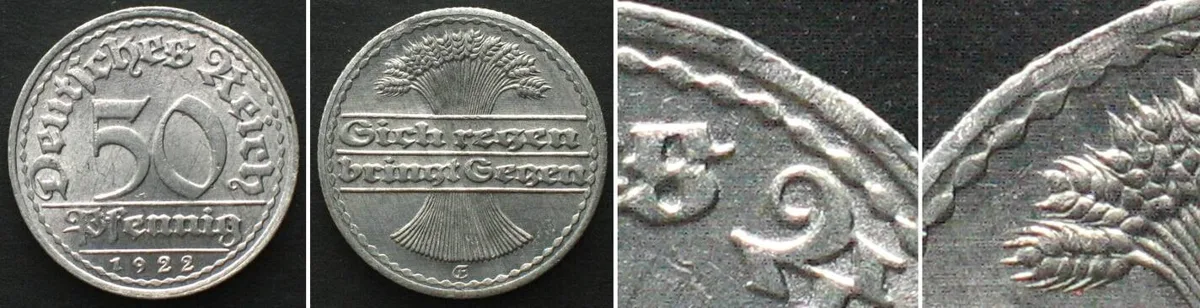 1919 Germany WEIMAR REPUBLIC 50 Pfennig 1922 E, Alu, Clipped flan MINT ERROR UNC