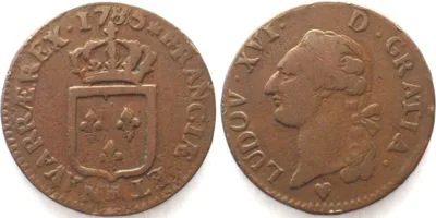 1785 FRANCE Sol 1785 BB Strasbourg, var. small BB, LOUIS XVI copper VF+
