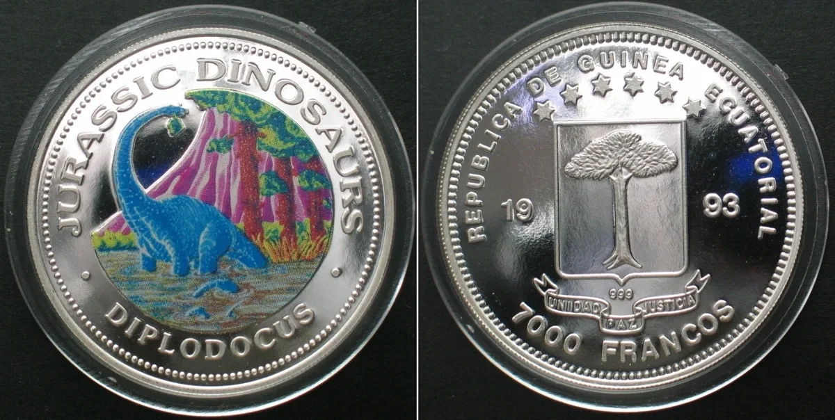 1993 EQUATORIAL GUINEA 7000 Francos 1993 Diplodocus DINOSAURS silver COLOUR Proof