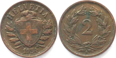 1934 SWITZERLAND 2 Rappen 1934 bronze SCARCE DATE! aXF EF-