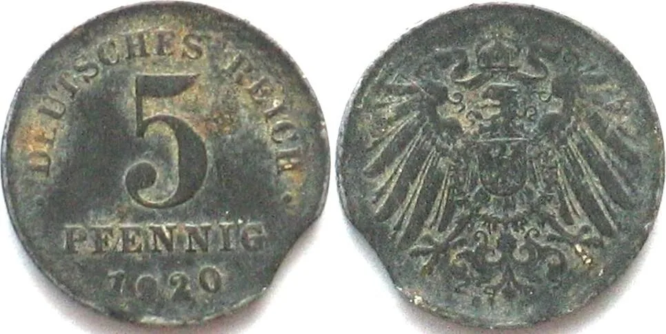 1920 GERMANY 5 Pfennig 1920 D iron MINT ERROR clipped flan VF+