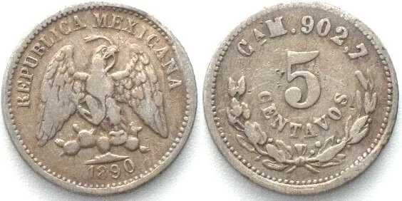 1890 MEXICO. 5 Centavos 1890 Ca M, Chihuahua, silver, VF