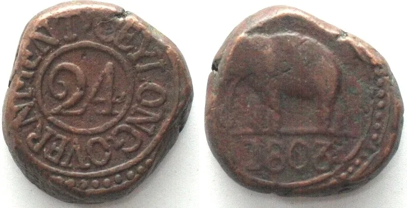 1803 BRITISH CEYLON. 1/24 Rixdollar 1803, Elephant, copper XF! EF