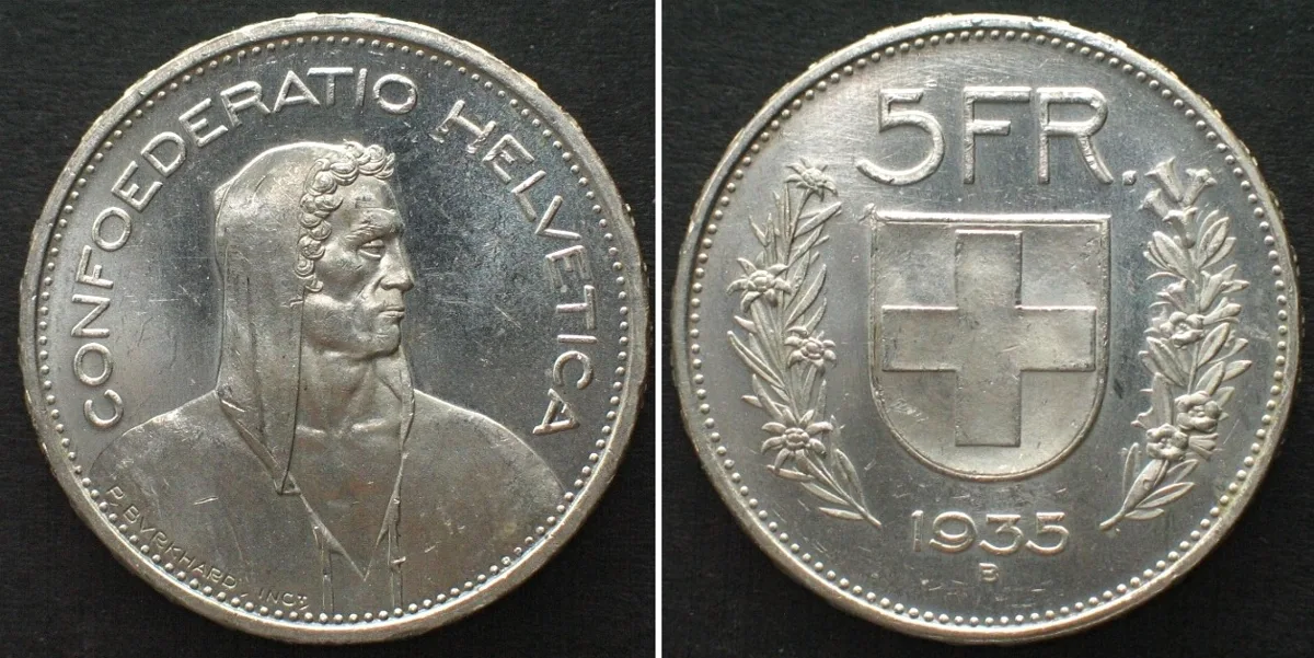 1935 SWITZERLAND - SPECIMEN 5 Francs 1935 B, silver, RARE! Specimen