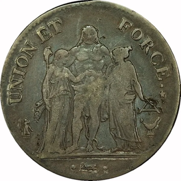 France, Union et Force, L'AN 10 (1798), K, 5 Francs, VF
