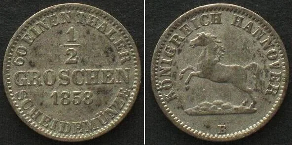1858 German States HANNOVER, Kingdom. 1/2 Groschen 1858 B, GEORGE V, billon XF! EF