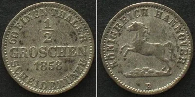 1858 German States HANNOVER, Kingdom. 1/2 Groschen 1858 B, GEORGE V, billon XF! EF