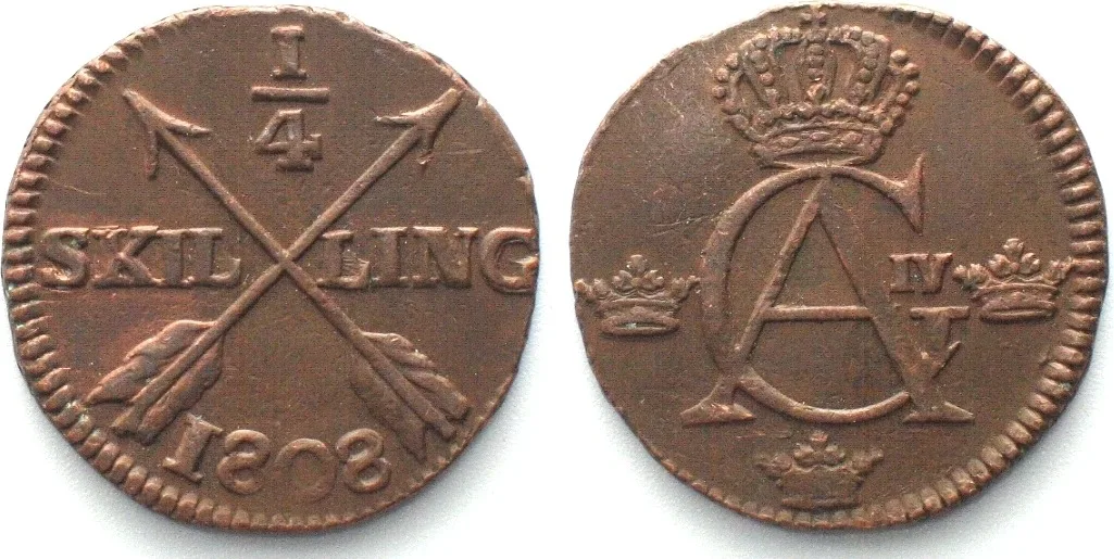 1808 SWEDEN 1/4 Skilling 1808 GUSTAV IV ADOLF copper UNC-!