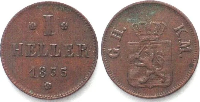 1855 German HESSE-DARMSTADT 1 Heller 1855, LUDWIG III copper VF-XF VF-EF