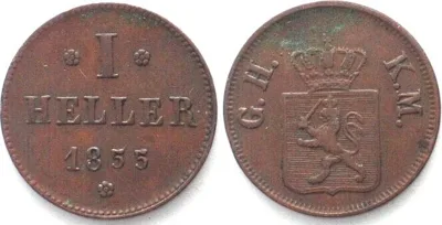1855 German HESSE-DARMSTADT 1 Heller 1855, LUDWIG III copper VF-XF VF-EF