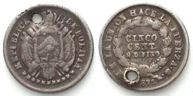 1871 BOLIVIA 5 Centavos 1871 (F/J) J, PTS, Potosi mint, silver SCARCE! VF+