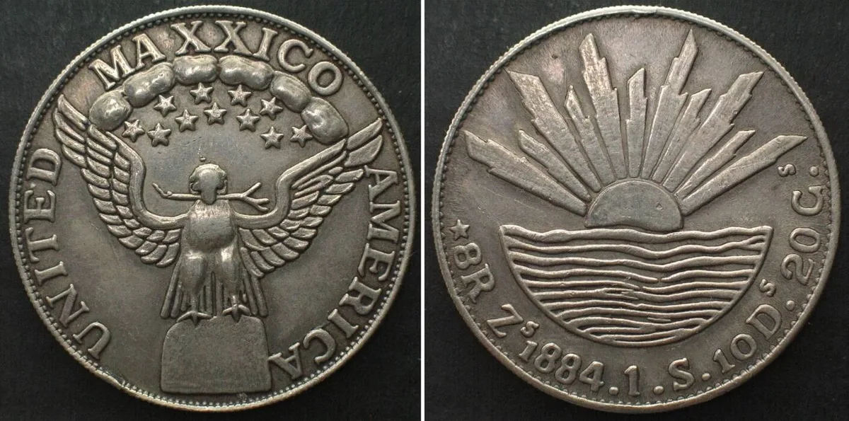 1884 MEXICO. 8 Reales 1884 Zs, with dots, UNUSUAL ORIENTAL FABRICATION, Cu-Ni AU