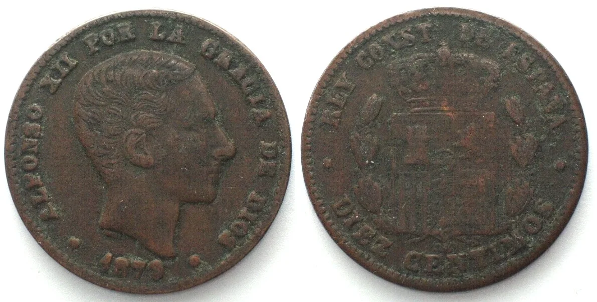 1879 SPAIN 10 Centimos 1879 ALFONSO XII - CONTEMPORARY COUNTERFEIT - bronze VF