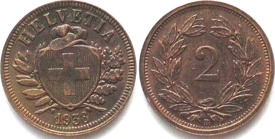 1938 SWITZERLAND 2 Rappen 1938 Bronze UNC-!!!