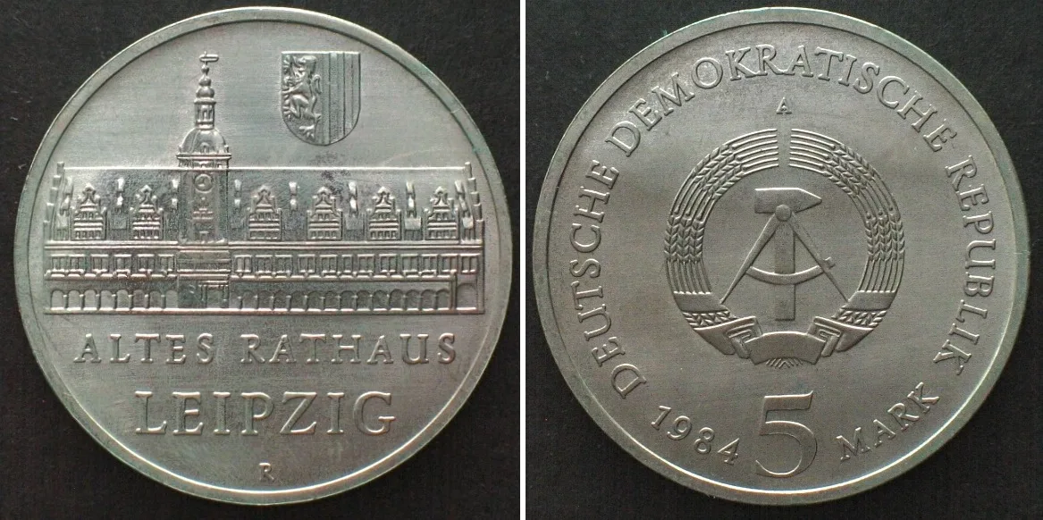 1984 GERMAN DEMOCRATIC REPUBLIC 5 Mark 1984 OLD CITYHALL LEIPZIG UNC