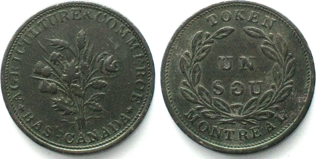 1835-1837 LOWER CANADA. Bouquet Sou token 1835-37 copper aXF EF-