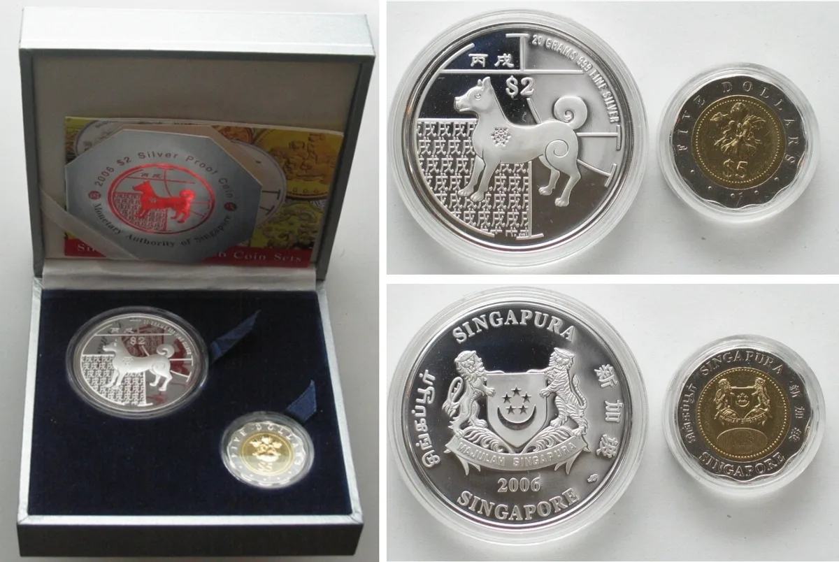 2006 SINGAPORE Official set 2006 2 $ Lunar YEAR OF THE DOG & 5 $ bi-metallic RRR!!! Proof