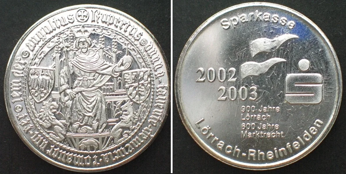 2002-2003 LÖRRACH Drop hammer medal 900 y. City, 600 y. Market privilege, silver, 30mm Prooflike