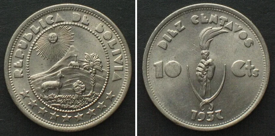 1937 BOLIVIA 10 Centavos 1937, Cu-Ni UNC!!!