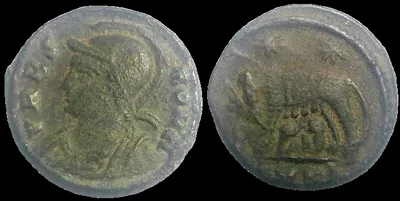 City Commemoratives, She Wolf Urbs Roma commemorative time of Constantine I (Struck 331, 333-334 AD) AE 16.5mm 2.79gm, Cyzicus, Really nice green patina.