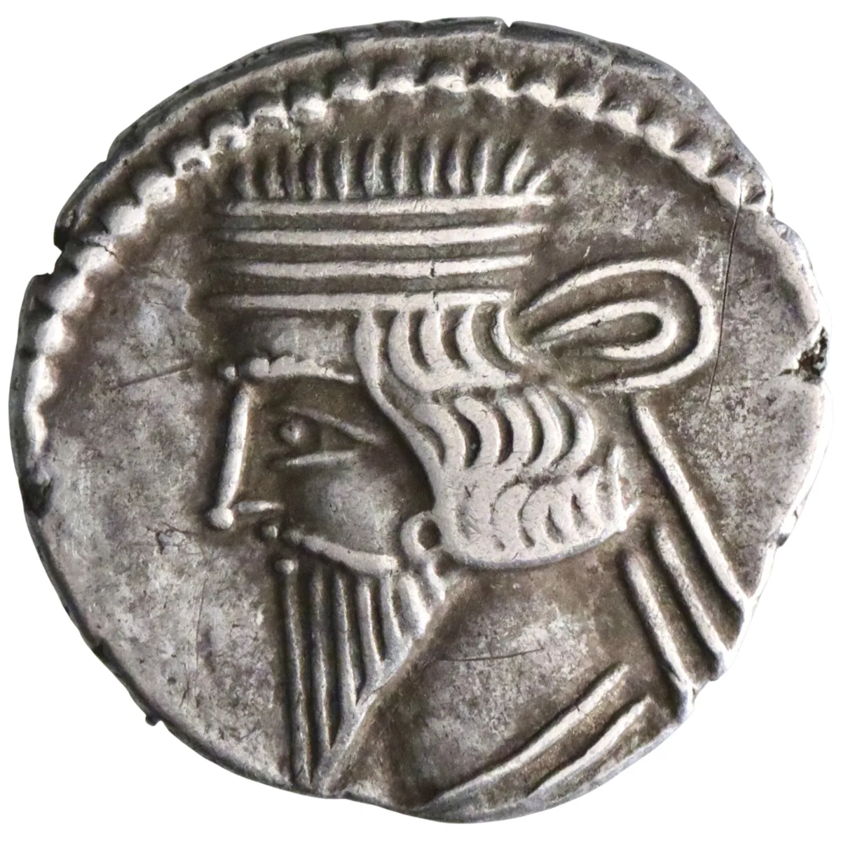 Parthian: Vologases III (105-147), silver drachm (3.74g), Ecbatana mint, 105-147 CE. Diademed, bearded bust / Archer seated on throne.
