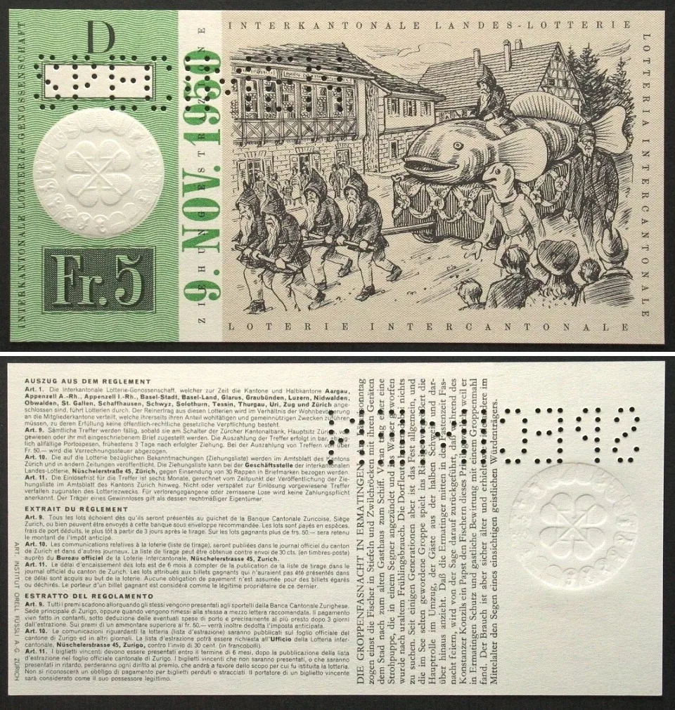 1950 Swisslos INTERKANTONALE LANDES-LOTTERIE - SPECIMEN 5 Francs 1950 RARE! UNC