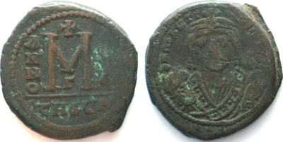 591 Byzantine MAURICIUS TIBERIUS AE Follis 30mm Theupolis ANNO X = 591 VF