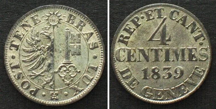 1839 Swiss Cantons GENEVA 4 Centimes 1839 billon UNC!!!