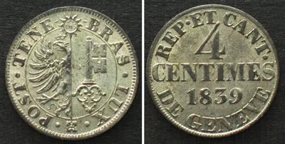 1839 Swiss Cantons GENEVA 4 Centimes 1839 billon UNC!!!