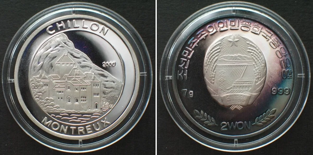 2000 NORTH KOREA 2 Won 2000 CHILLON - MONTREUX silver Proof SCARCE! Proof