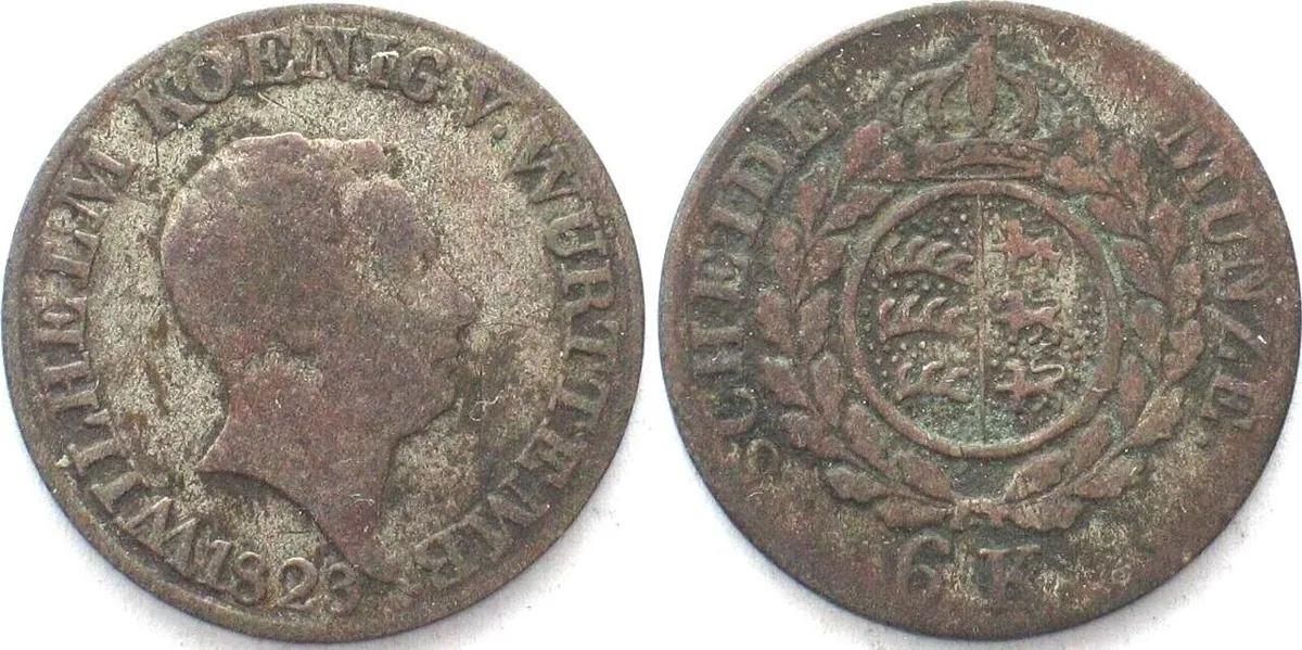 1823 Germany WURTTEMBERG 6 Kreuzer 1823 WILHELM I billon aVF VF-