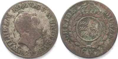1823 Germany WURTTEMBERG 6 Kreuzer 1823 WILHELM I billon aVF VF-