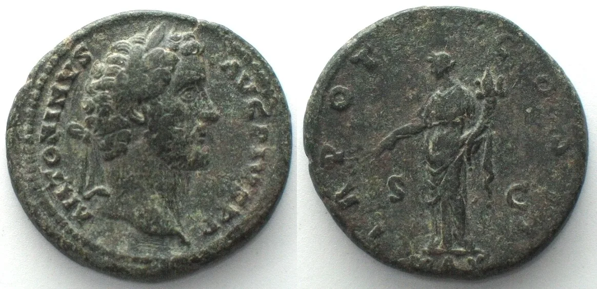 138-161 ANTONINUS PIUS (138-161). AE As, 139 AD, Pax standing, XF! EF