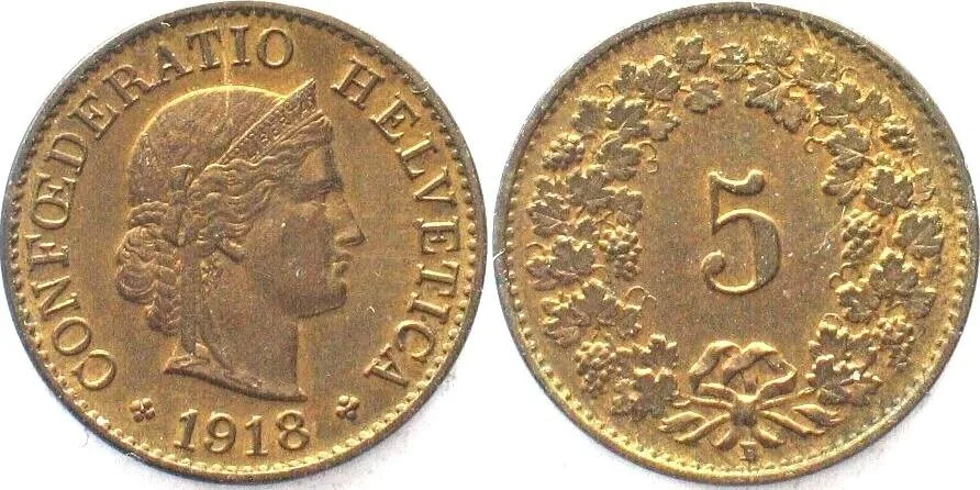 1918 SWITZERLAND 5 Rappen 1918 brass BU!