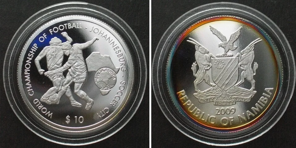 2009 NAMIBIA 10 $ 2009 FOOTBALL WORLD CUP, Soccer City, JOHANNESBURG, silver RARE! Proof