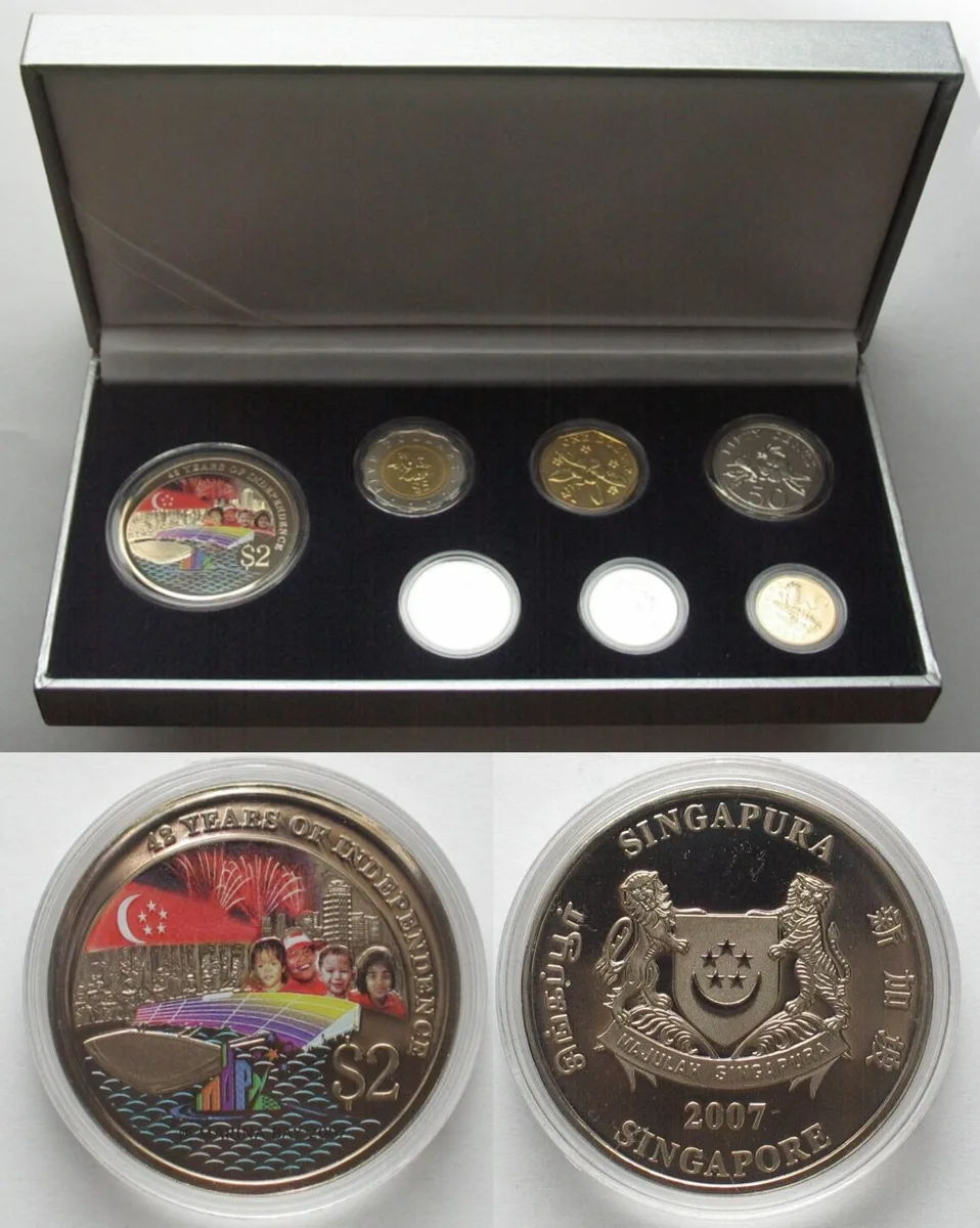 2007 SINGAPORE 2007 MINT SET w. 2 $ Marina Bay 42 Y. OF INDEPENDENCE Cu-Ni Prooflike BU