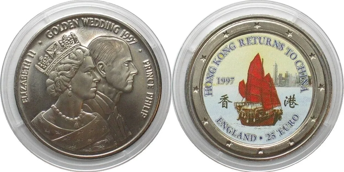 1997 UK 25 Euro 1997 Ship HONG KONG RETURNS TO CHINA / GOLDEN WEDDING Cu-Ni BU