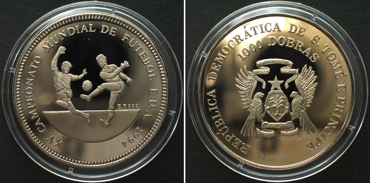 1994 ST. THOMAS & PRINCE - PATTERN 1000 Dobras 1994 SOCCER - E.P.999 RARE! Proof