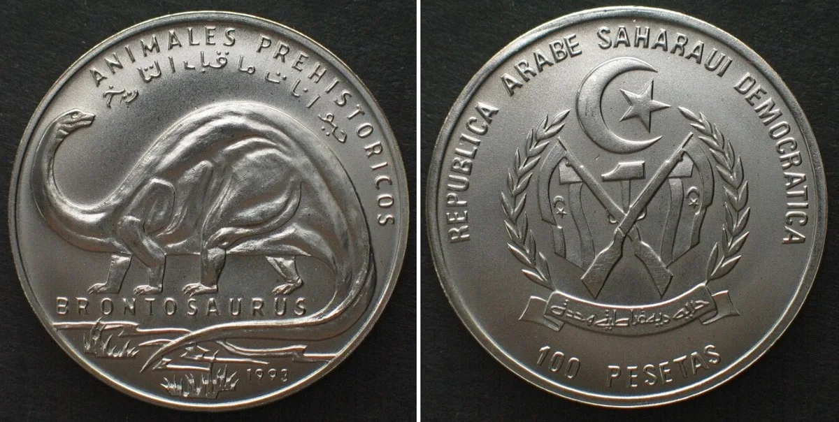 1993 SAHARAWI ARAB D.R. 100 Pesetas 1993 Prehistoric Animals BRONTOSAURUS steel BU