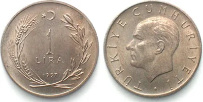 1957 TURKEY 1 Lira 1957 Mustafa Kemal Atatürk, Cu-Ni UNC!!!