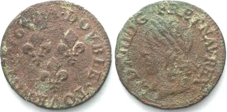 1642 FRANCE Double Tournois 1642 A, Paris, LOUIS XIII copper XF EF