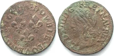 1642 FRANCE Double Tournois 1642 A, Paris, LOUIS XIII copper XF EF