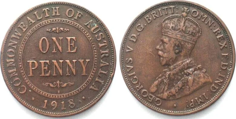 1918 AUSTRALIA. Penny 1918 I, George V, copper, SCARCE DATE! XF