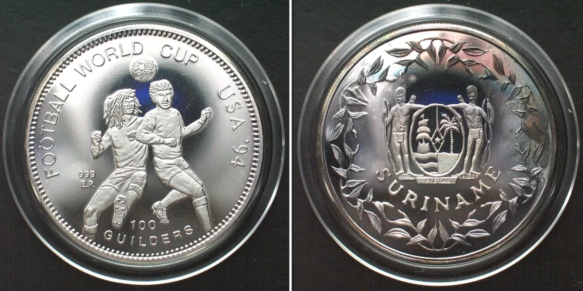 1994 SURINAME 100 Guilders 1994 SOCCER E.P. at left brass silvered Cameo Proof SCARCE Proof