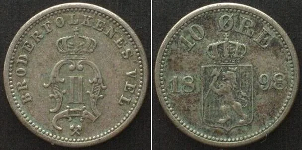 1898 NORWAY: 10 Øre 1898, OSCAR II of SWEDEN, silver VF+