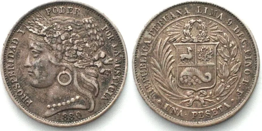 1880 PERU 1 Peseta 1880 B: silver XF, RARE! EF