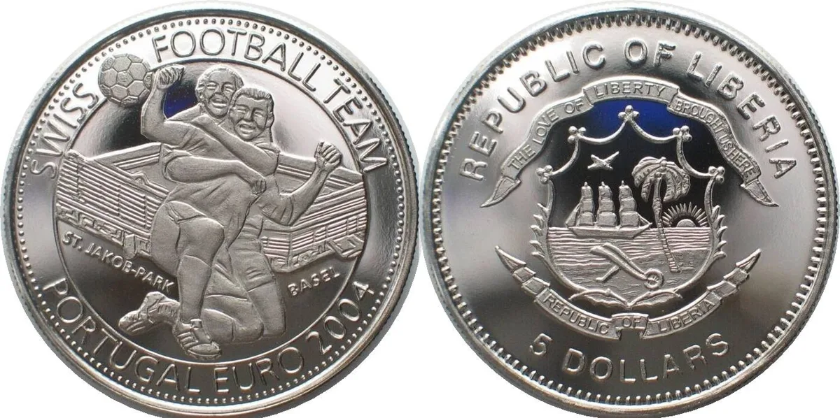 2004 LIBERIA 5 Dollars 2004 St. Jakob - Basel SOCCER EUROPE CUP Cu-Ni Proof