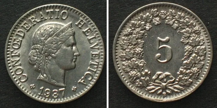 1937 SWITZERLAND 5 Rappen 1937 nickel UNC!